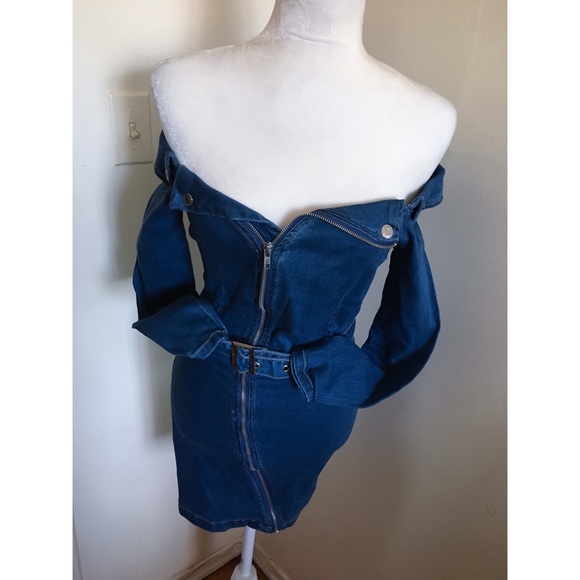 Denim Zip Front Bardot Mini Dress - Picture 1 of 6